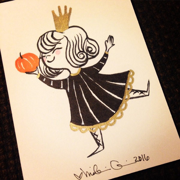 girl dancing with mini pumpkin inktober drawing by nidhi chanani