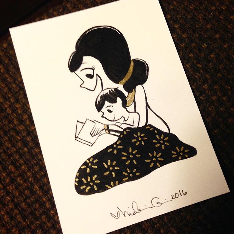mom reading to baby inktober drawing by nidhi chanani