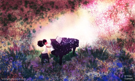 Girl playing piano outside illustration