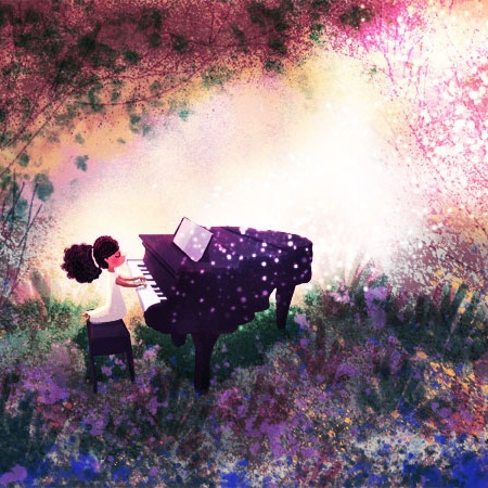 Girl playing piano outside illustration