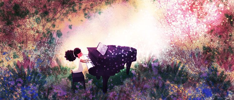 Girl playing piano outside illustration